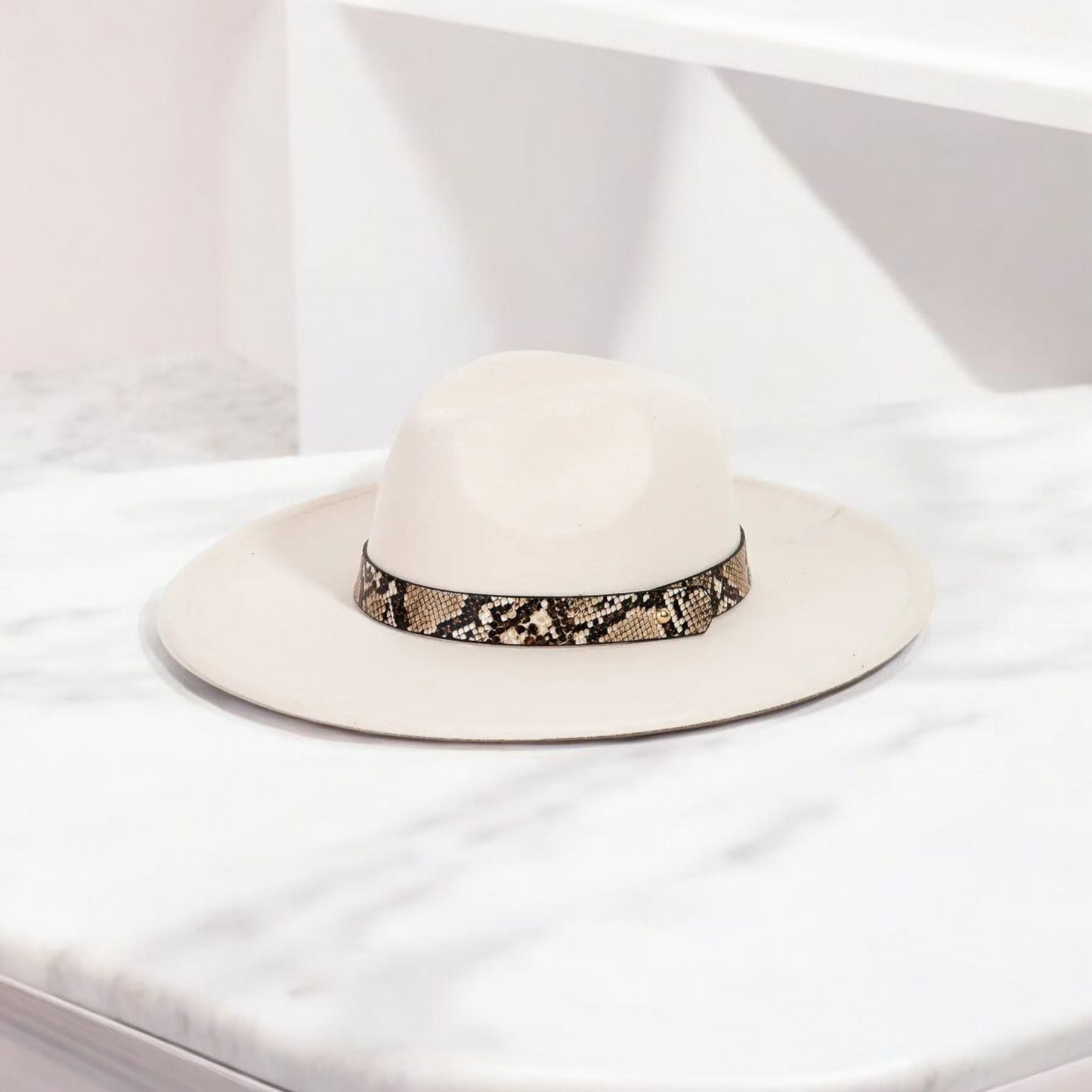 Cream Animal Print Belt Fedora Hat