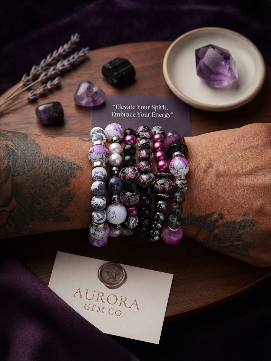Midnight Rose & Purple Glass Beaded Bracelet Stack