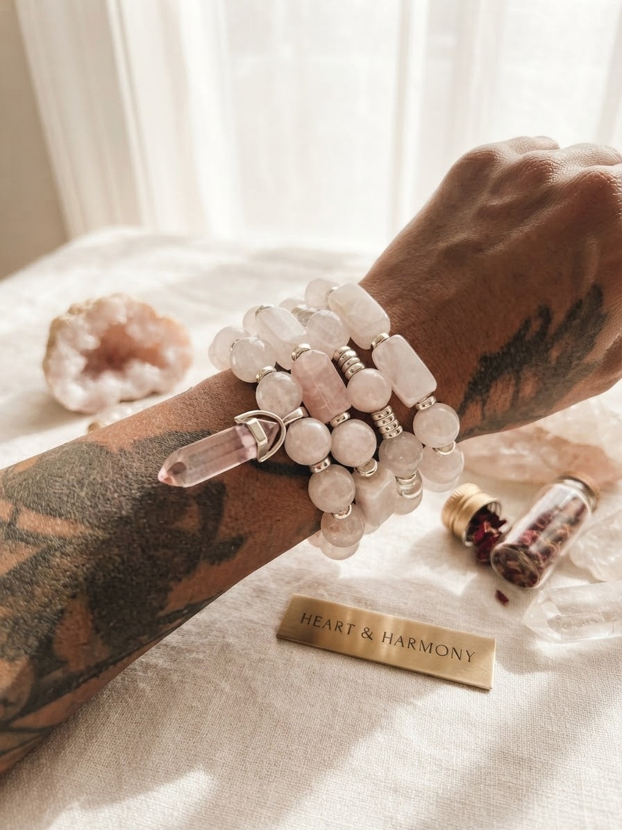 The Serenity Rose Quartz Stack | 4-Piece Handcrafted Beaded Bracelet Set