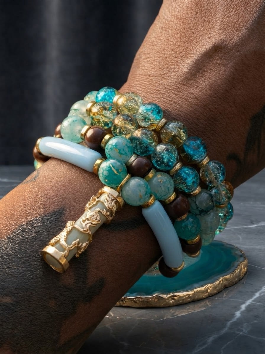 Handcrafted Aqua Glass & Gold Dragon Charm Bracelet Set