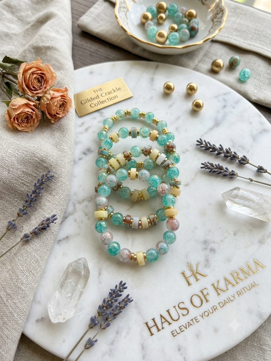 The Gilded Crackle Bracelet – Seafoam Gemstone & Gold Stack