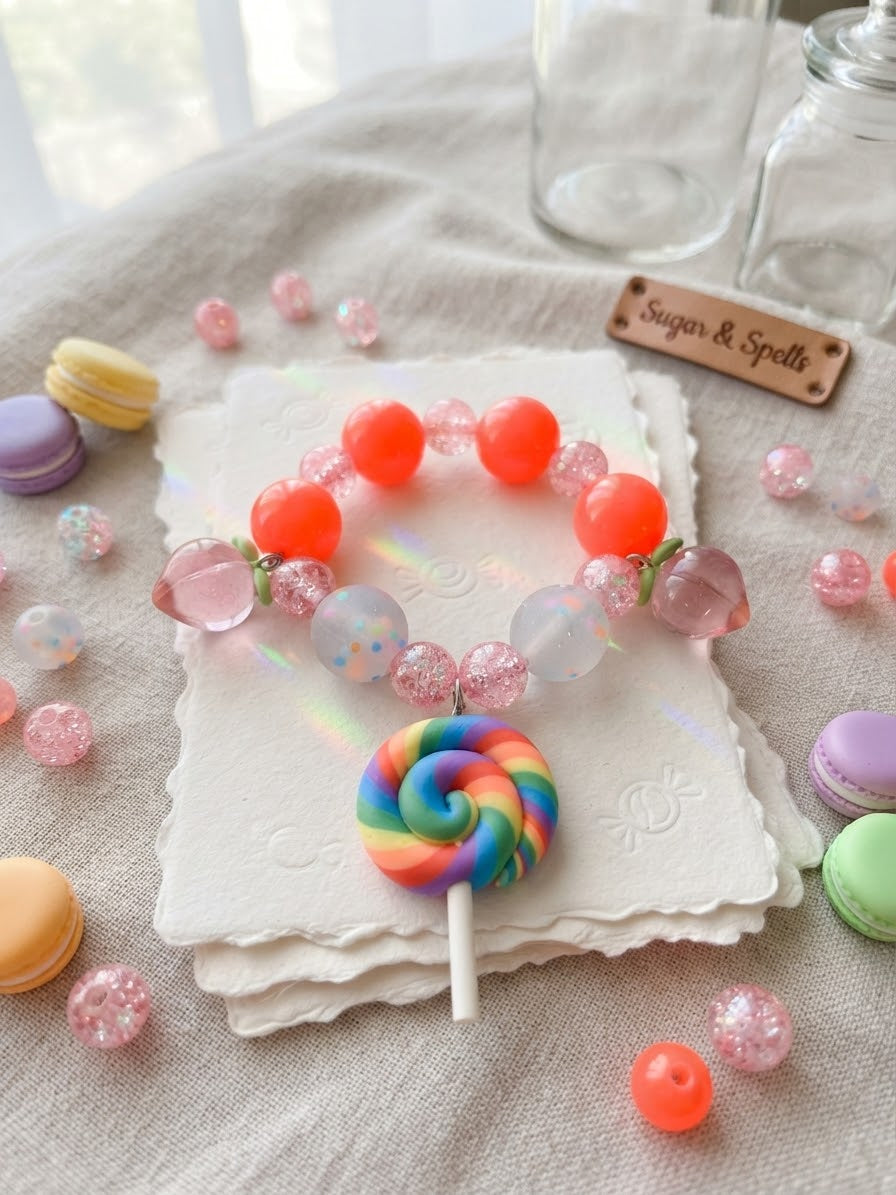 Kids' Rainbow Swirl Lollipop & Peach Charm Stretch Bracelet – Haus Of Karma