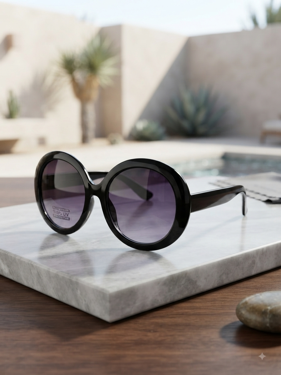 The 'Riviera' Oversized Round Glamour Sunglasses - Gloss Black & Purple Gradient