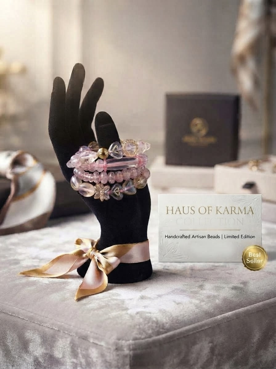 Haus of Karma Pink Crystal & Heart Beaded Bracelet Stack