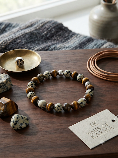 Natural Tiger's Eye & Dalmation Jasper Beaded Gemstone Stretch Bracelet
