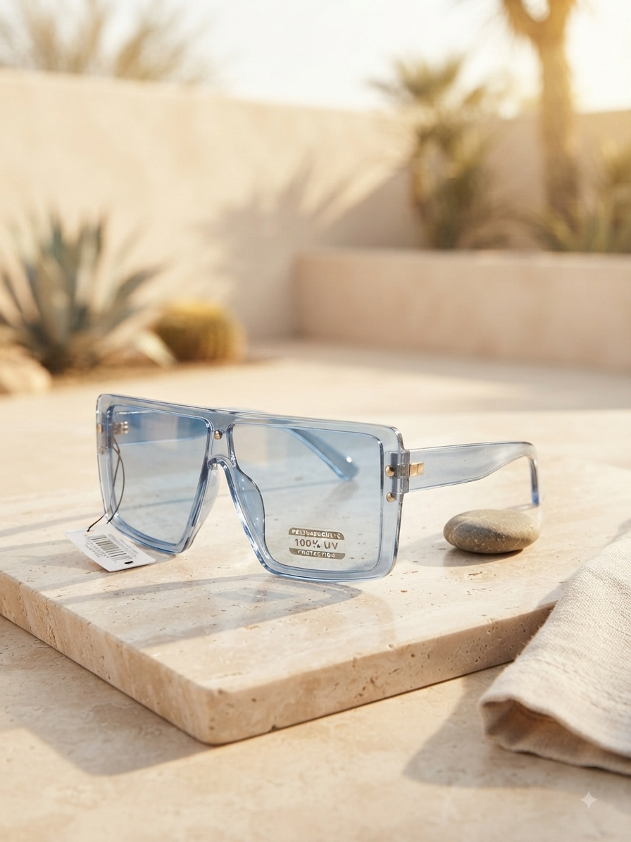 Azure Edge Flat-Top Shield Sunglasses – Translucent Deep Blue
