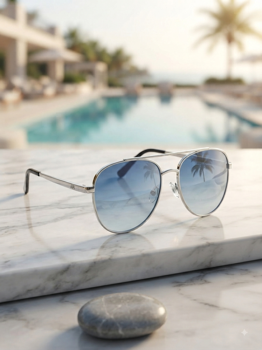 The 'Azure Vista' Aviator Sunglasses – Polished Silver with Gradient Blue Mirror Lenses