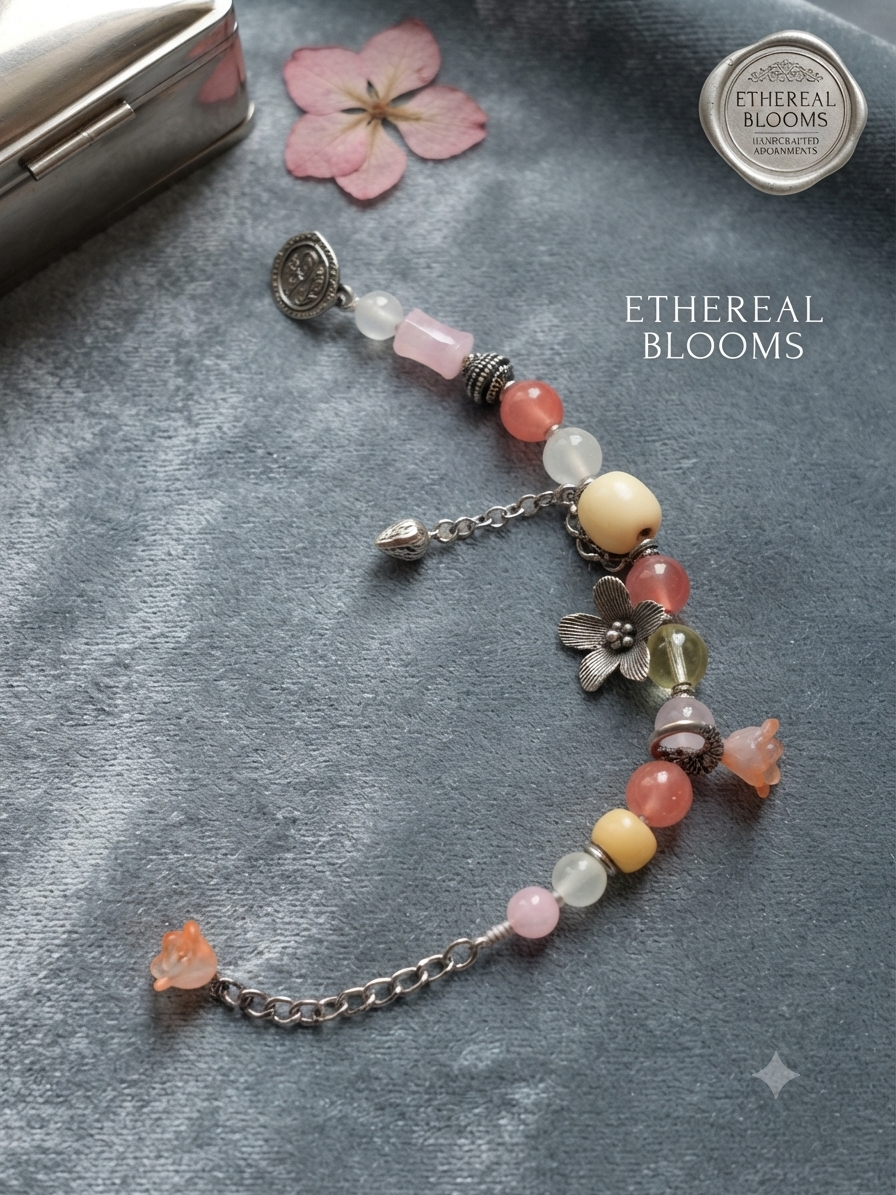 Ethereal Blooms Beaded Charm Bracelet | Handmade Floral & Silver Accessory
