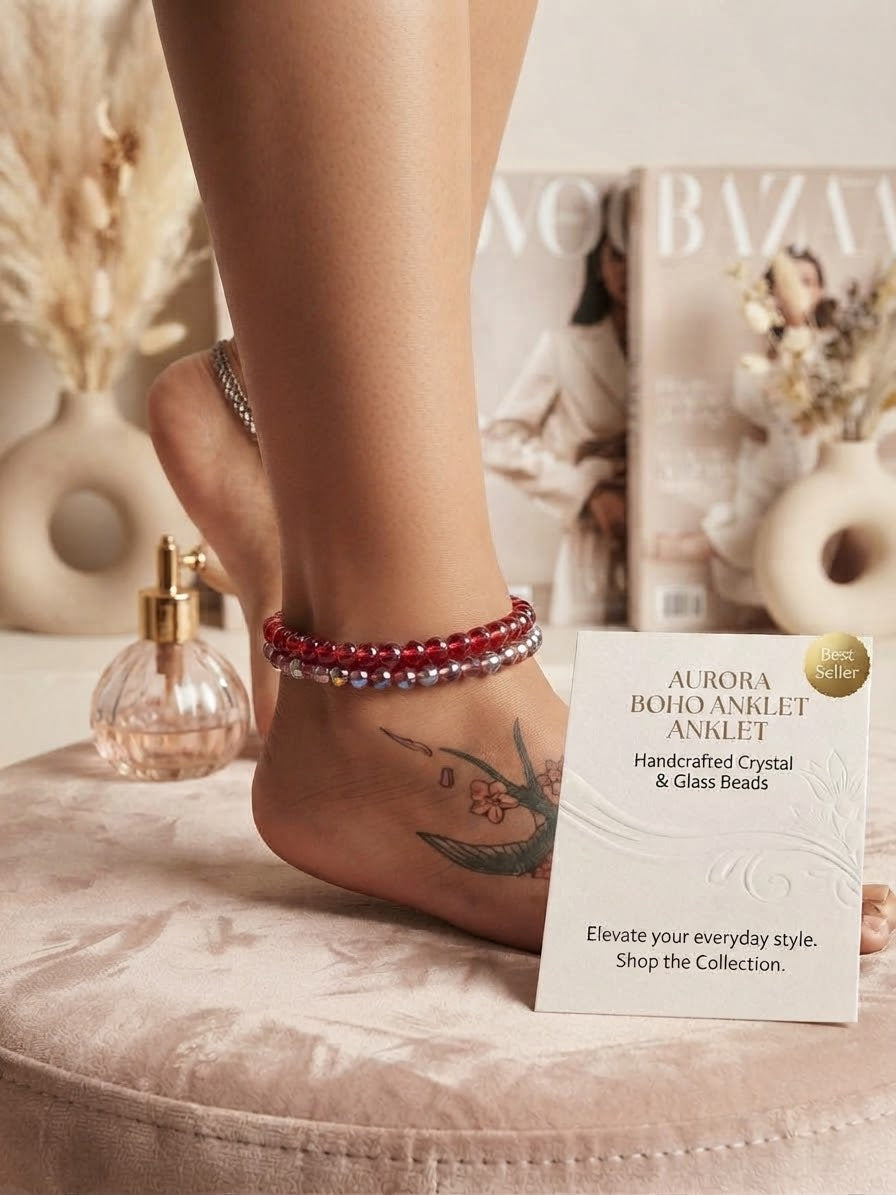 Haus of Karma Aurora Boho Crystal & Gold Anklet Stack