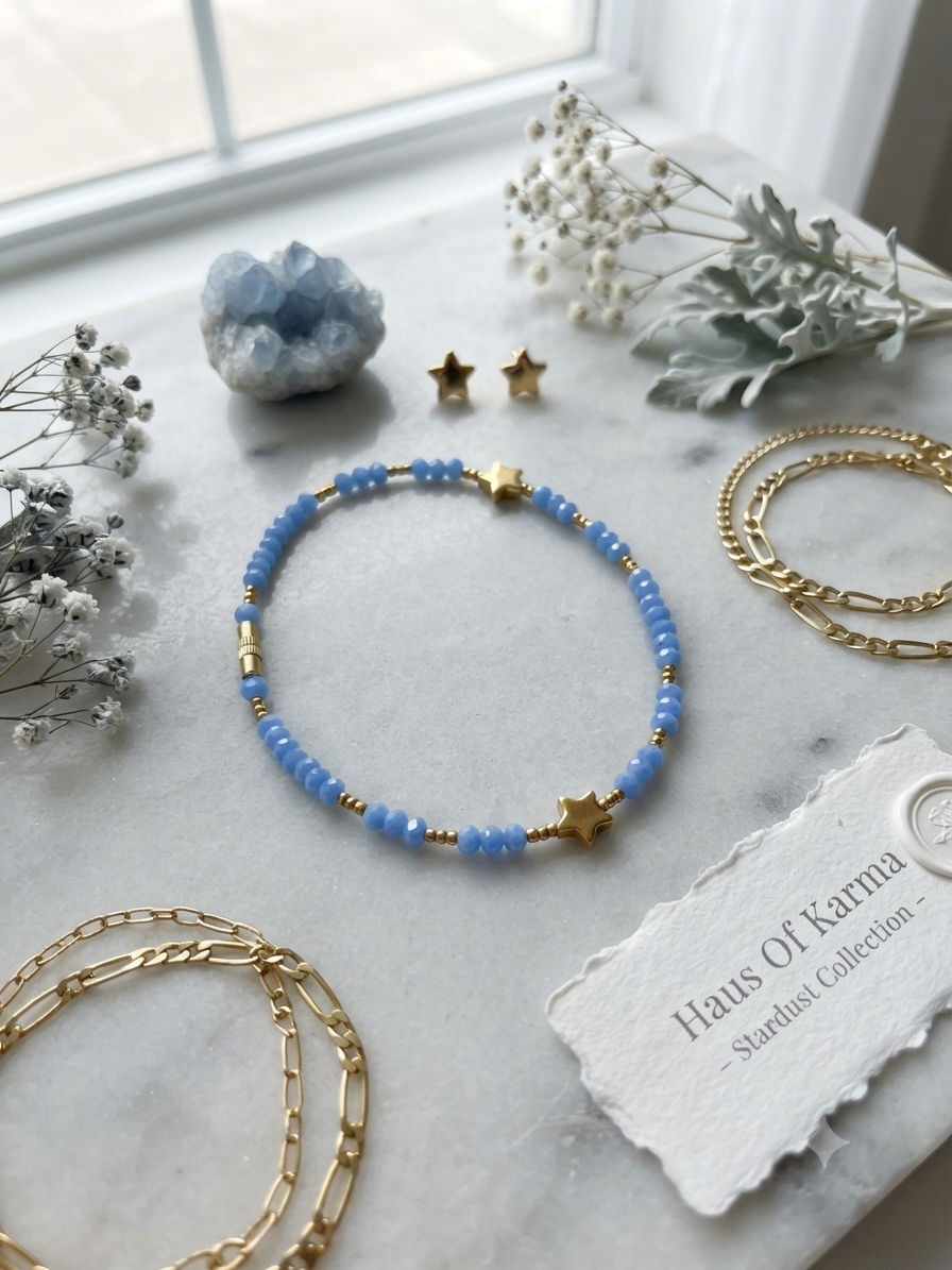 Blue Beaded Anklet with Gold Star Charms – Summer Beach Jewelry