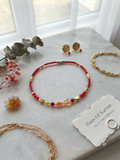 Boho Red Seed Bead Anklet with Iridescent Charm & Mixed Gemstones