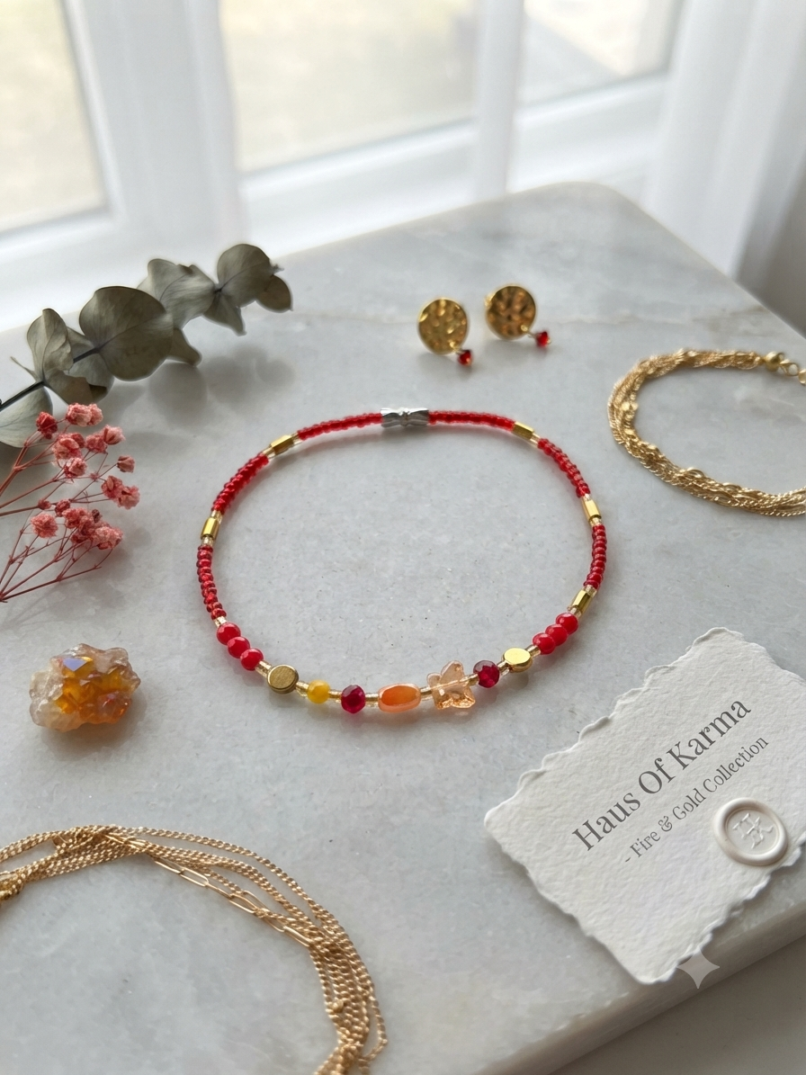 Boho Red Seed Bead Anklet with Iridescent Charm & Mixed Gemstones