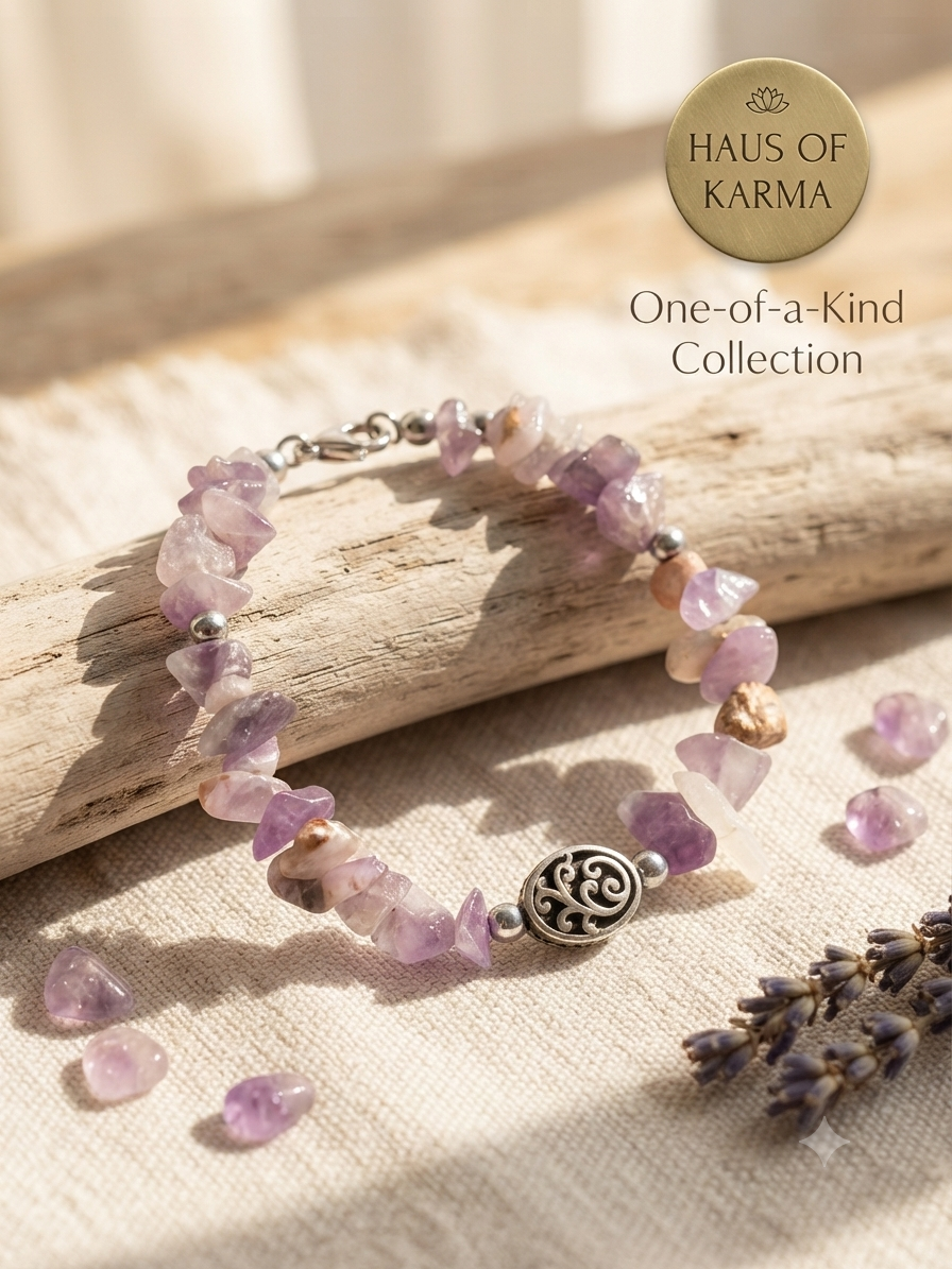 Natural Amethyst Chip Bead Bracelet with Silver Filigree Accent Charm