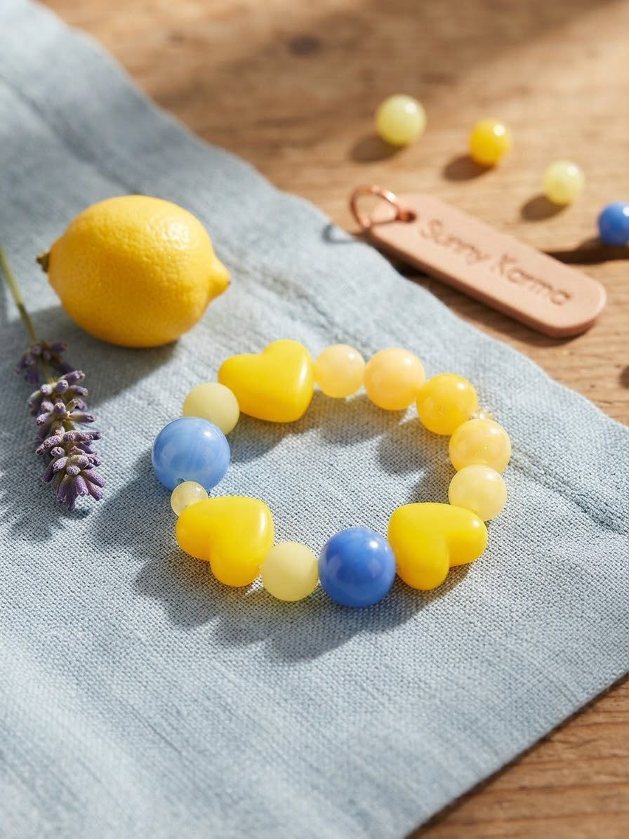 Haus Of Karma: Sunny Blue & Yellow Heart Stretch Bracelet