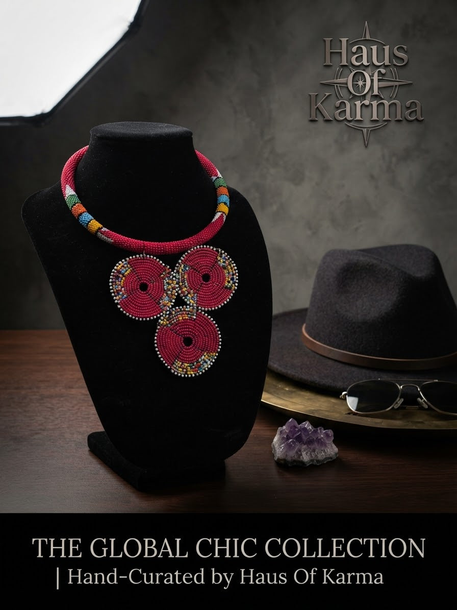 Handcrafted Maasai Beaded Triple Disc Statement Necklace Red