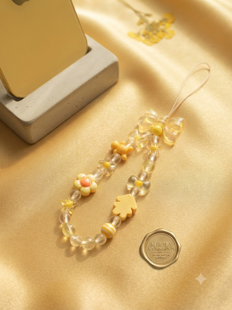 Golden Sunshine Beaded Phone Charm | Handmade Floral & Bow Accessory