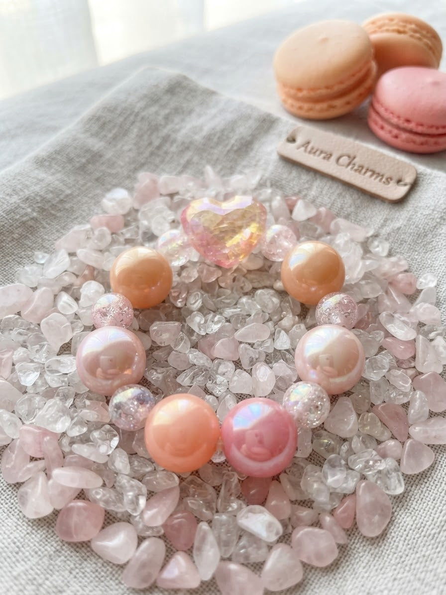 Kids' Peachy Pink Shimmer & Faceted Heart Stretch Bracelet – Haus Of Karma