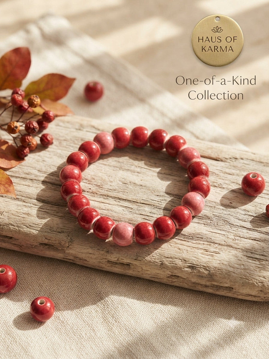 Glossy Crimson Ceramic Beaded Stretch Bracelet