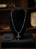 Ancient Soul Hematite & Obsidian Beaded Set – Ankh Pendant Necklace & Matching Bracelet