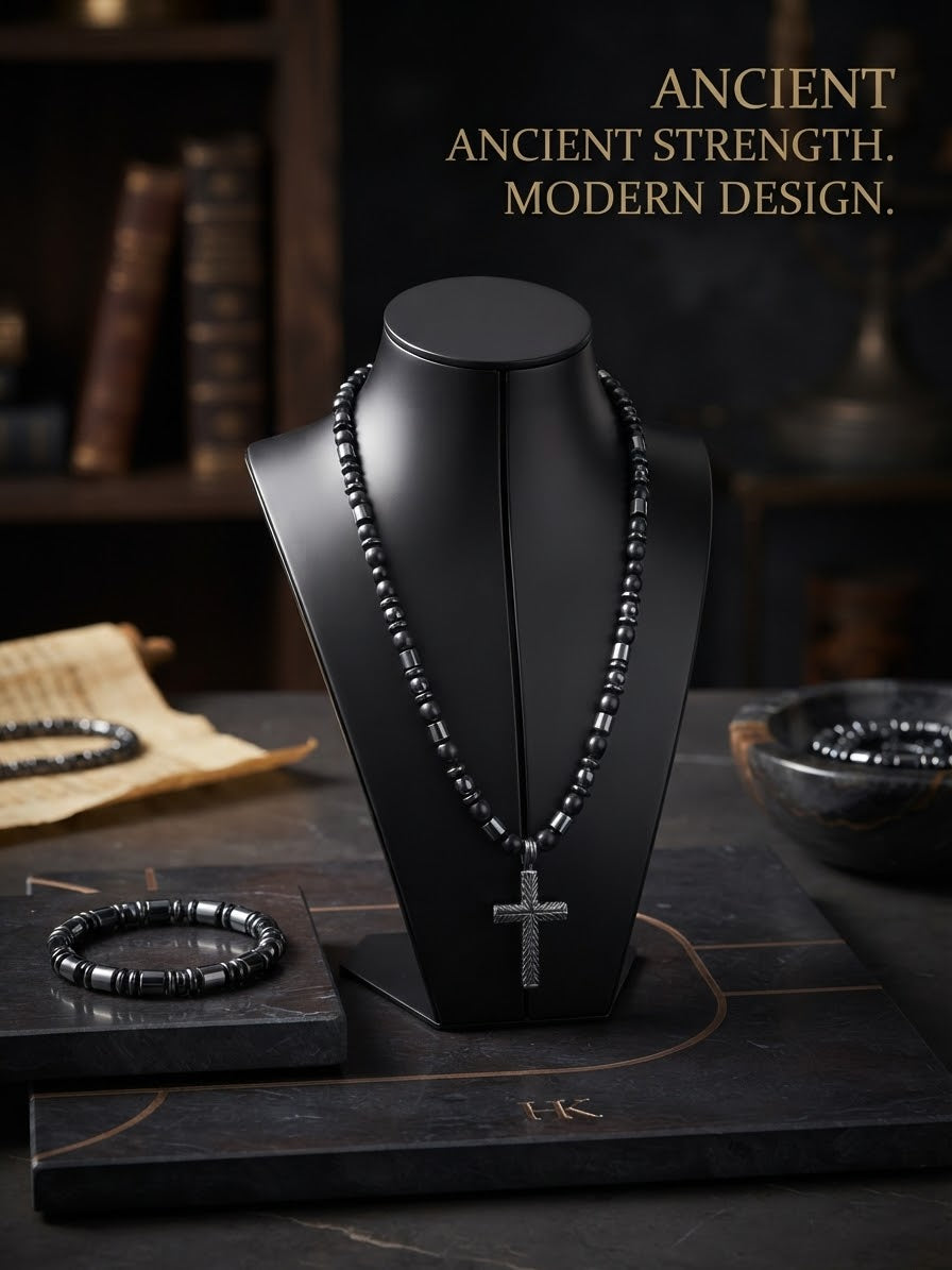 Sacred Strength Hematite Cross Set – Beaded Necklace & Matching Bracelet