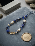 Artisanal Lapis & Pearl Beaded Phone Charm | Gold Chain Detail