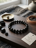 Glossy Black Beaded Stretch Bracelet – Polished Round Stone Beads