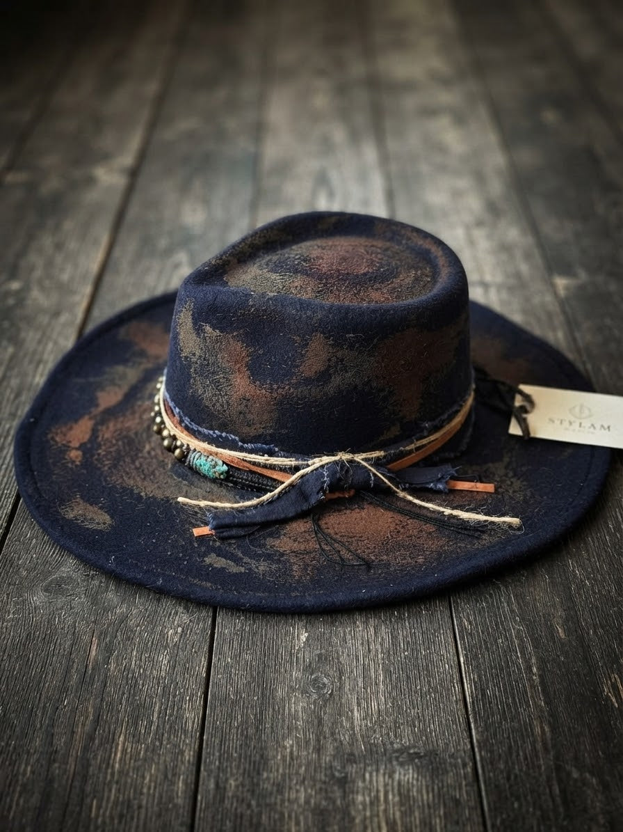 Styline Vintage Style Navy & Copper Fedora with Turquoise Accent