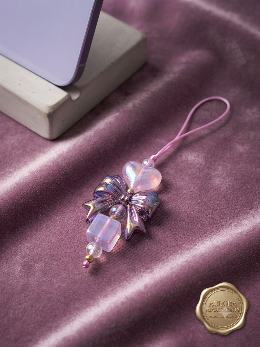 Midnight Amethyst Bow & Heart Phone Charm | Iridescent Beaded Accessory
