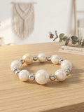 Luminous Pearl & Silver Beaded Stretch Bracelet | Kids' Handcrafted Beaded Jewelry