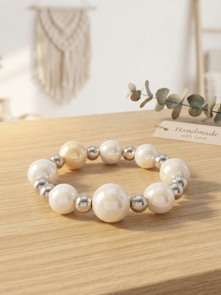 Luminous Pearl & Silver Beaded Stretch Bracelet | Kids' Handcrafted Beaded Jewelry