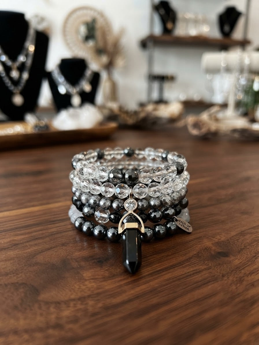Black-and-Silver Crystal Gemstone Bracelet Stack
