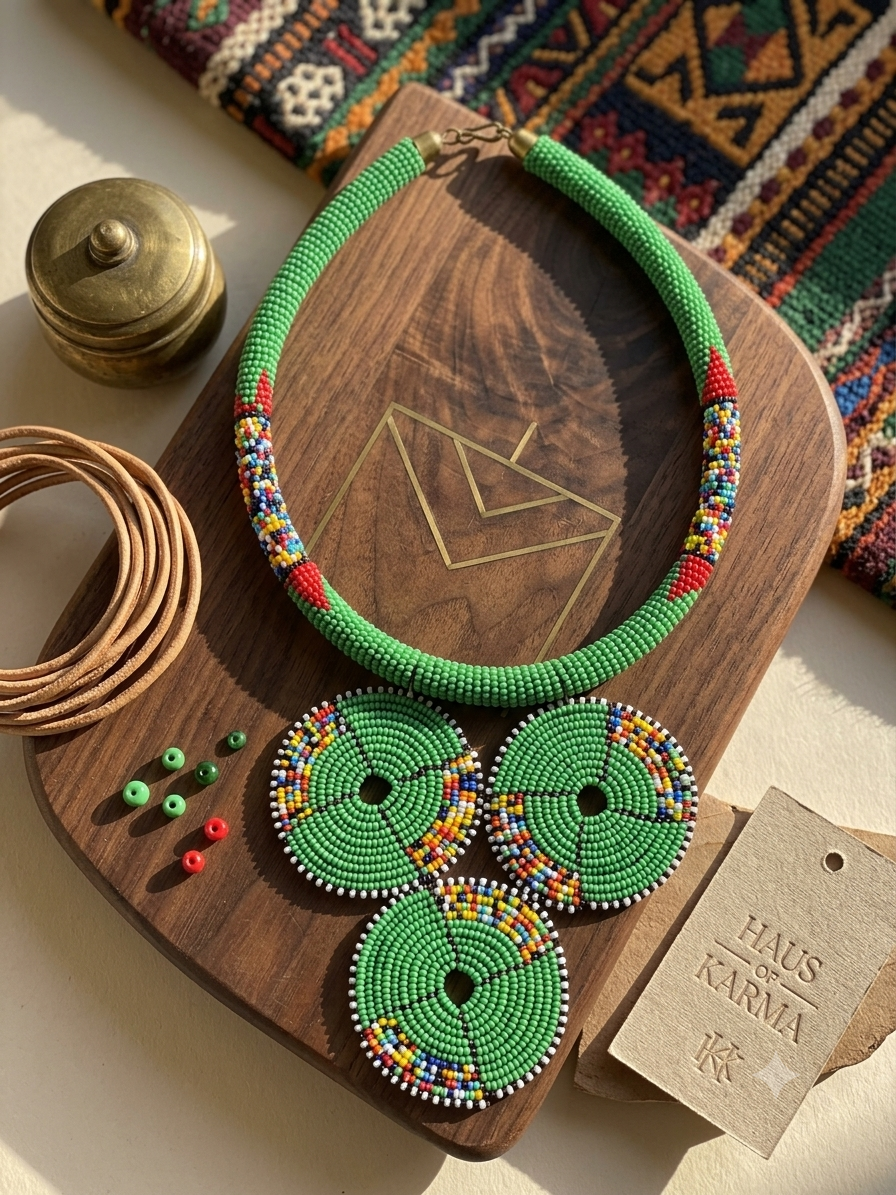 Handcrafted Maasai-Style Beaded Statement Necklace – Vibrant Green Triple Medallion Collar