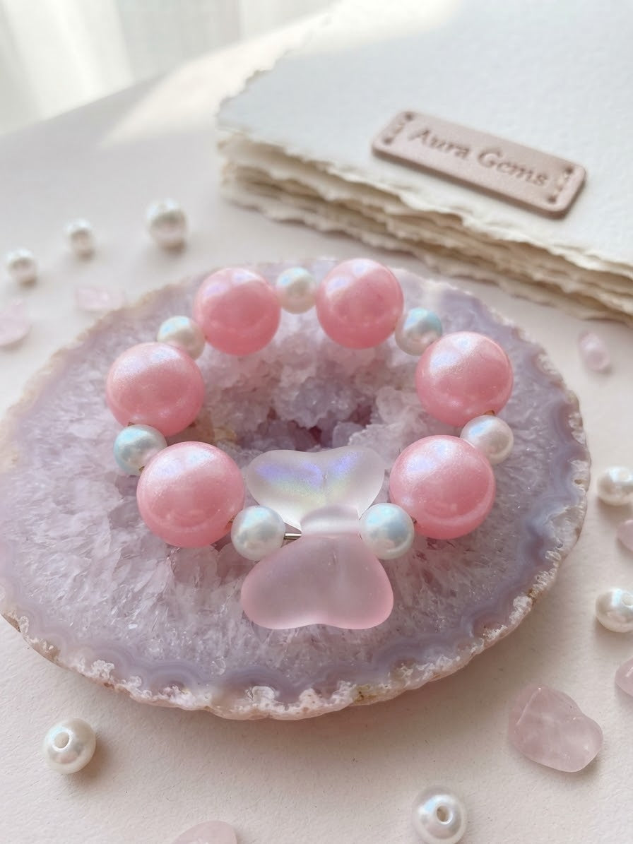 Kids' Frosted Pink Butterfly & Pearl Stretch Bracelet – Haus Of Karma