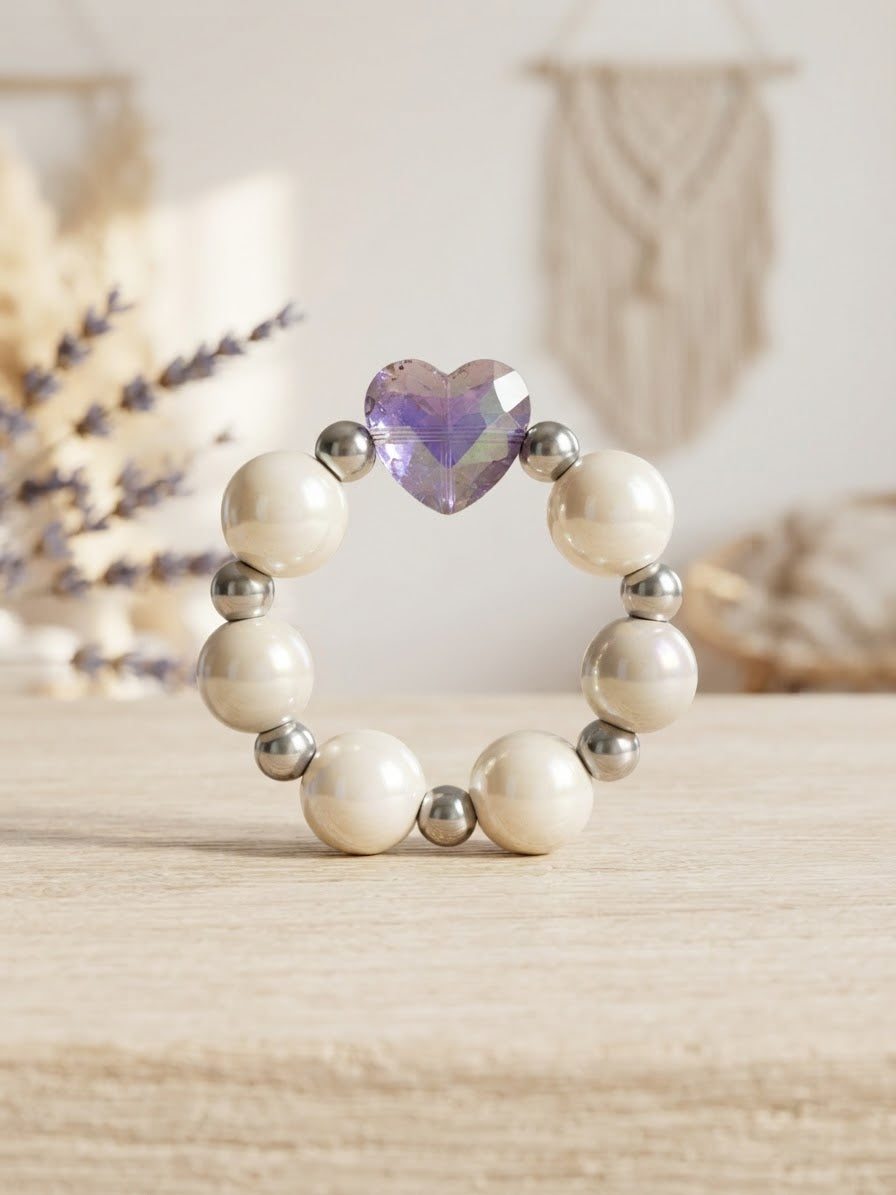 Purple Heart Sparkle Beaded Ring | Kids' Handcrafted Stretchy Ring