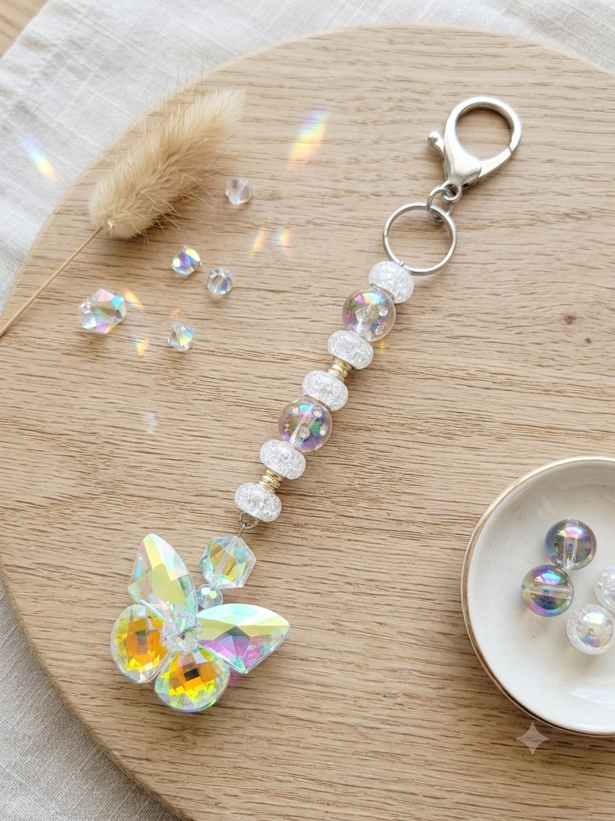Prismatic Butterfly Crystal Keychain - Whimsical Beaded Keyring