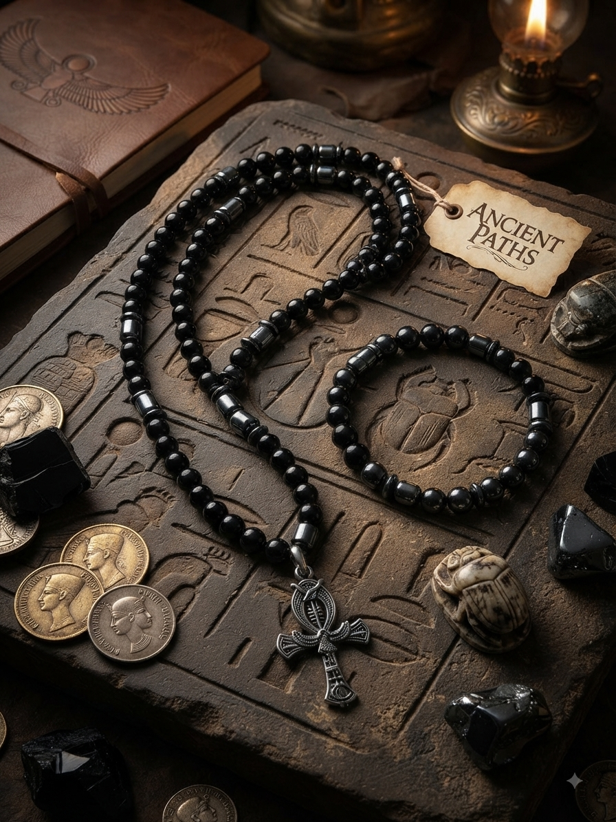 Ancient Paths Obsidian & Hematite Ankh Necklace & Bracelet Combo