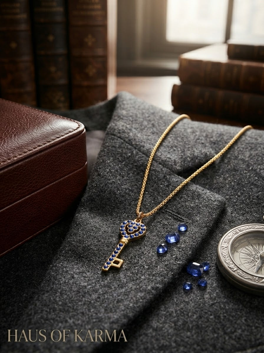 Haus of Karma Sapphire Blue Gemstone Key Pendant Necklace