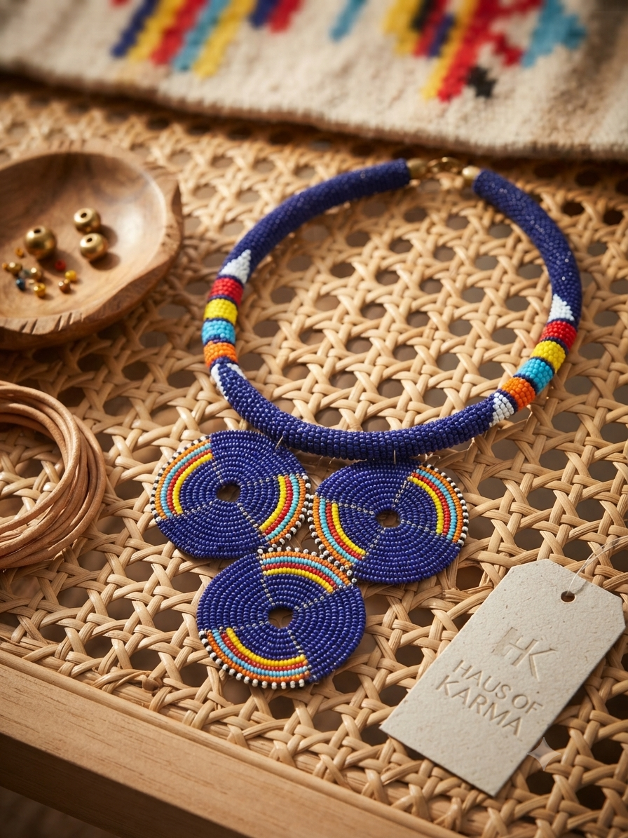 Handmade Beaded Statement Necklace | Blue Tribal Bib Collar Jewelry