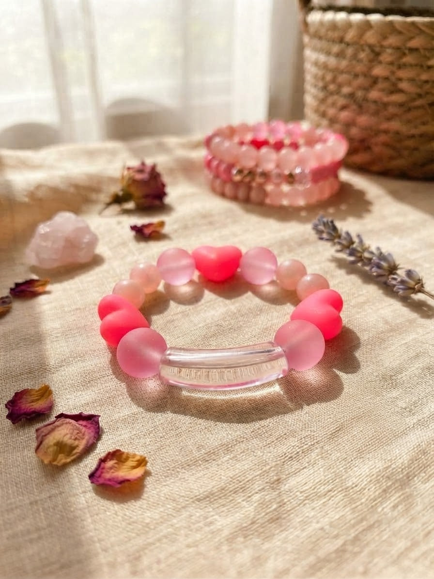 Haus Of Karma: Blush Pink Heart & Tube Bead Stretch Bracelet