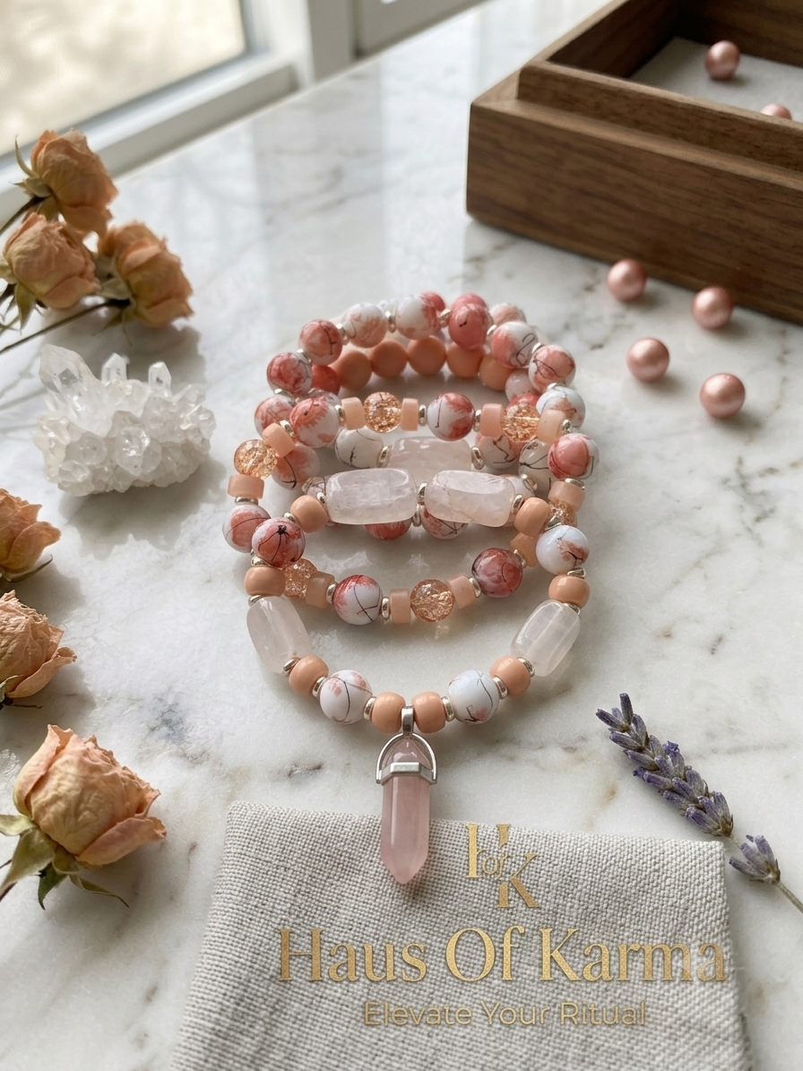 Romantic Blush & Rose Quartz Beaded Bracelet Stack