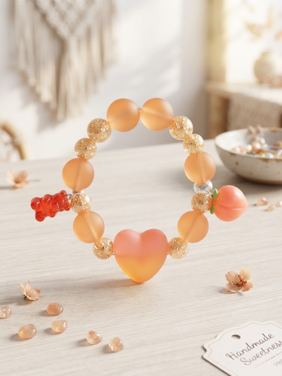 Peach Gummy & Heart Charm Beaded Stretch Bracelet | Kids' Handcrafted Novelty Jewelry