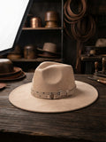 Styline Neutral Suede Wide-Brim Fedora with Double Studded Belt