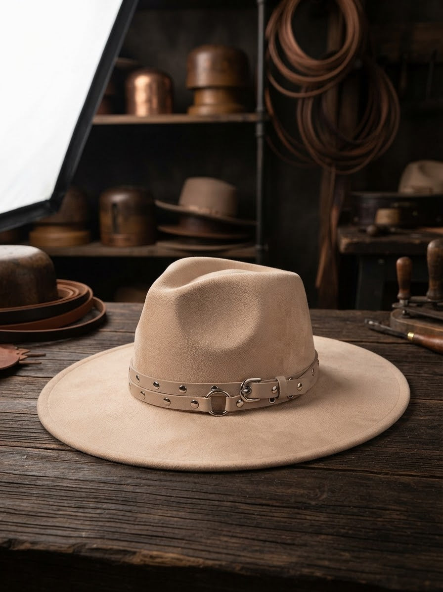 Styline Neutral Suede Wide-Brim Fedora with Double Studded Belt