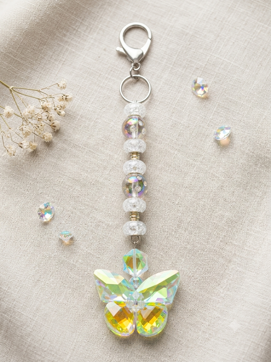 Prismatic Butterfly Crystal Keychain - Whimsical Beaded Keyring