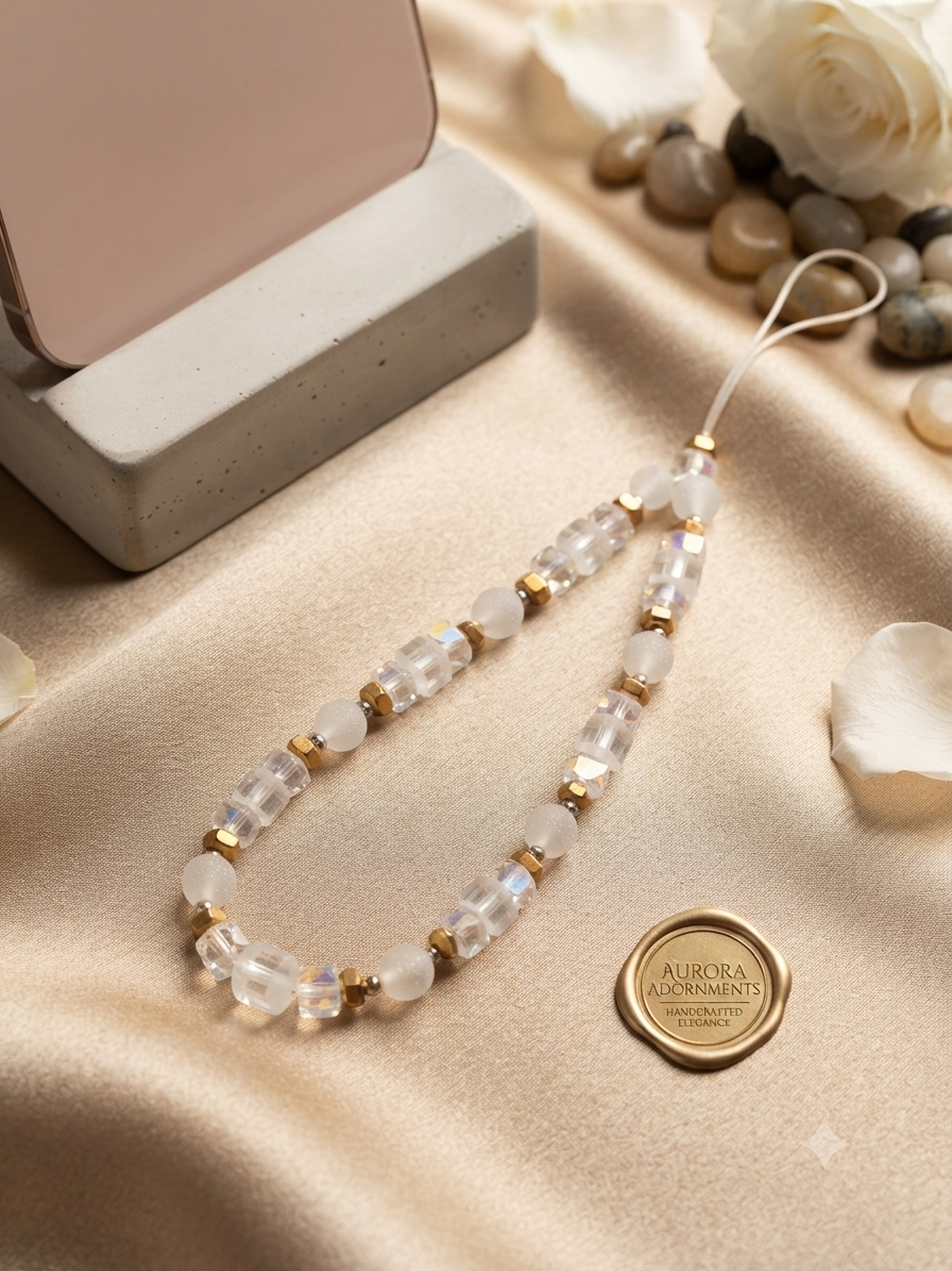 Crystal Frost Beaded Phone Charm | Handcrafted Iridescent & Gold Accessory