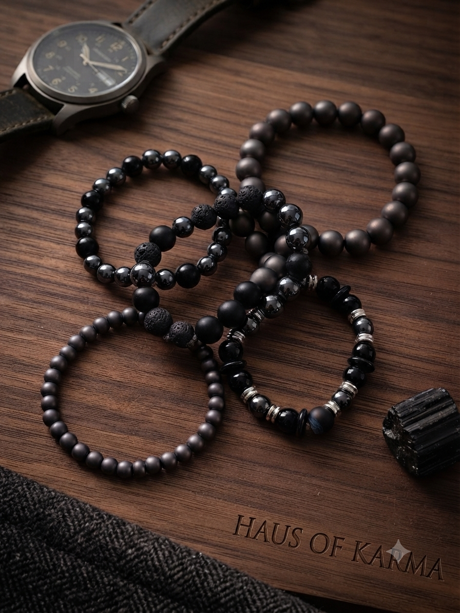 The Obsidian & Hematite Bracelet 5 Stack | Haus Of Karma