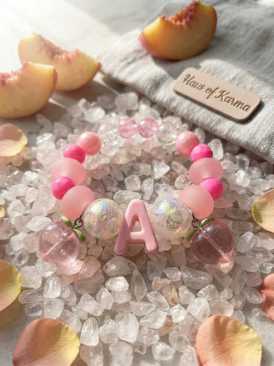 Kids' Peach Charm Initial Stretch Bracelet (Letter A) – Haus Of Karma