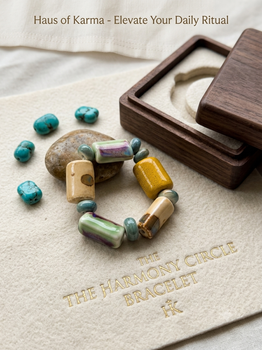 A handmade beaded bracelet with colorful rectangular and round beads in turquoise, yellow, green, purple, and beige, displayed on a textured cream fabric next to a wooden box lid and loose turquoise stones. Text overlays read 'Haus of Karma - Elevate Your Daily Ritual' and 'THE HARMONY CIRCLE BRACELET HK'.