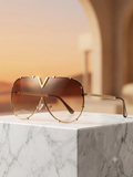 Luxury V-Bridge Gold Chain Oversized Shield Sunglasses | Gradient Brown