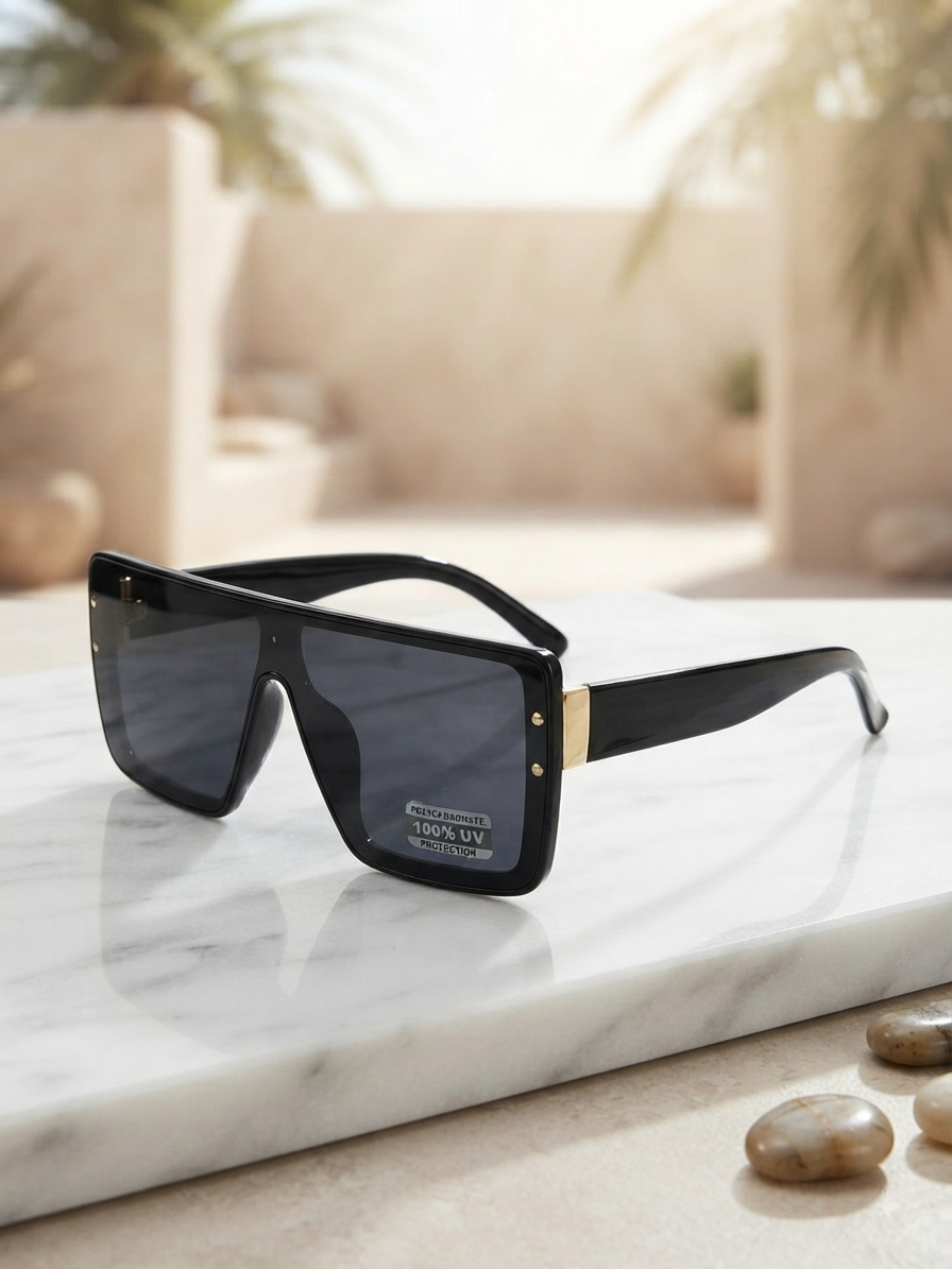 Glamorous Flat-Top Oversized Shield Sunglasses - Black & Gold